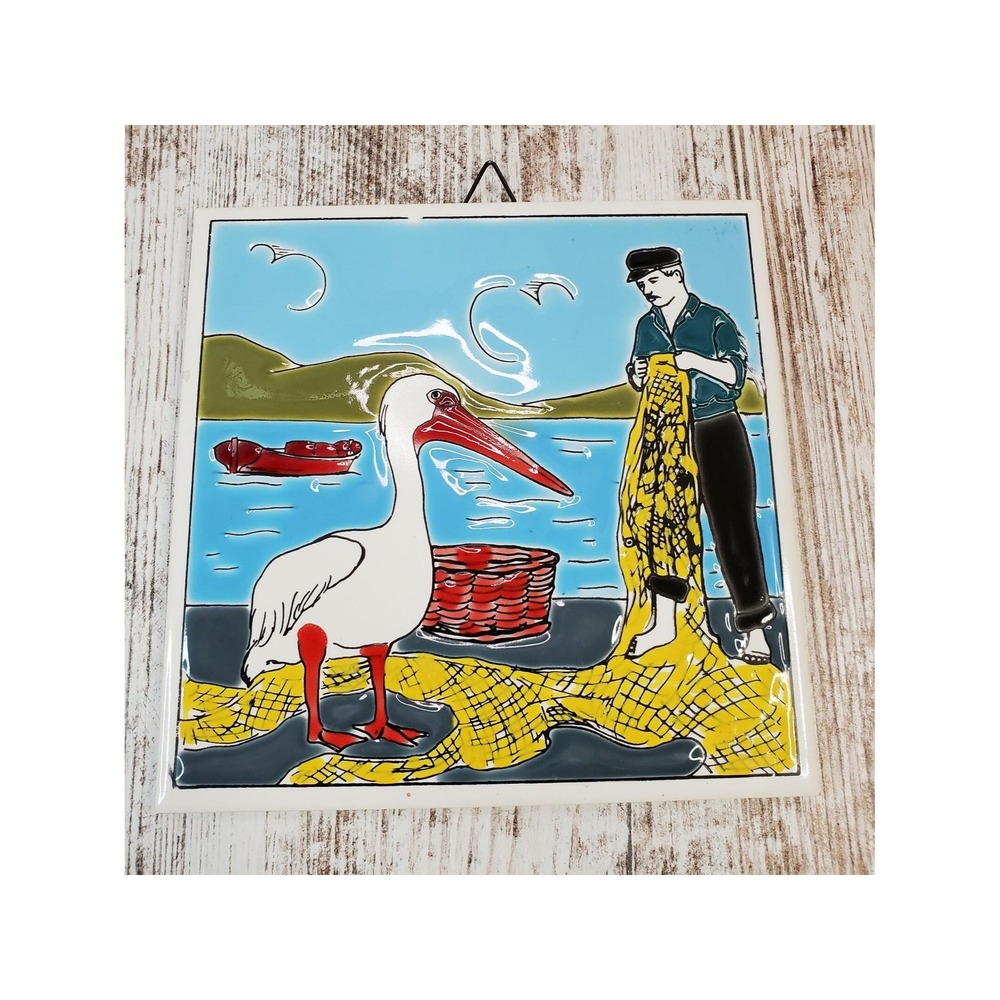 Vtg. H&R Johnson Made in Greece by Phiikhrah Johnson Wall Hanging Tile Fisherman
